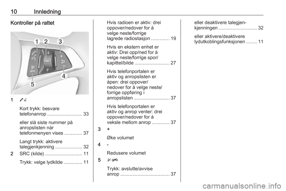 OPEL CORSA 2016.5  Brukerhåndbok for infotainmentsystem 10InnledningKontroller på rattet
17w
Kort trykk: besvare
telefonanrop .......................... 33
eller slå siste nummer på
anropslisten når
telefonmenyen vises .............37
Langt trykk: akti