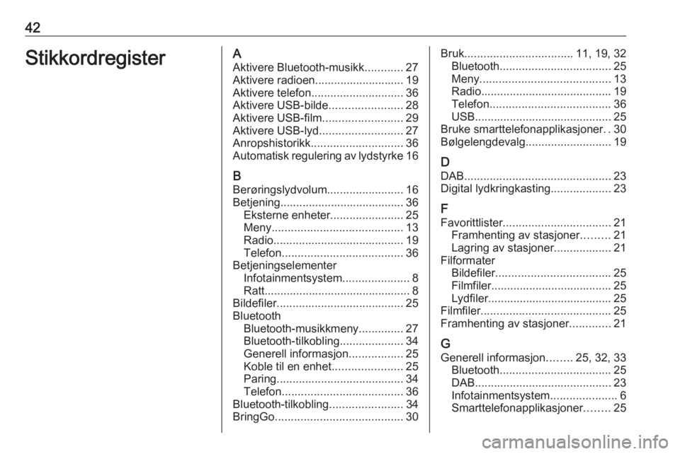 OPEL CORSA 2017 Brukerhåndbok for infotainmentsystem 42StikkordregisterAAktivere Bluetooth-musikk ............27
Aktivere radioen............................ 19
Aktivere telefon ............................. 36
Aktivere USB-bilde ....................... OPEL CORSA 2017 Brukerhåndbok for infotainmentsystem 42StikkordregisterAAktivere Bluetooth-musikk ............27
Aktivere radioen............................ 19
Aktivere telefon ............................. 36
Aktivere USB-bilde .......................