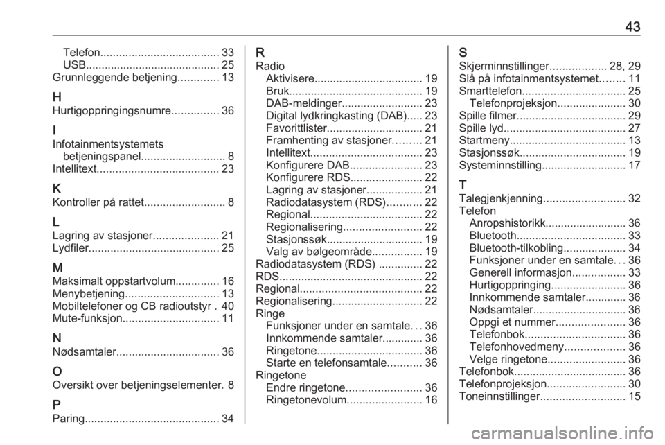 OPEL CORSA 2017 Brukerhåndbok for infotainmentsystem 43Telefon...................................... 33
USB ........................................... 25
Grunnleggende betjening .............13
H Hurtigoppringingsnumre ...............36
I
Infotainments OPEL CORSA 2017 Brukerhåndbok for infotainmentsystem 43Telefon...................................... 33
USB ........................................... 25
Grunnleggende betjening .............13
H Hurtigoppringingsnumre ...............36
I
Infotainments
