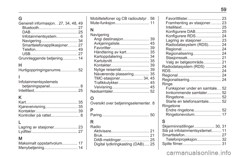 OPEL CORSA E 2017.5 Brukerhåndbok for infotainmentsystem 59GGenerell informasjon ..27, 34, 48, 49
Bluetooth ................................... 27
DAB ........................................... 25
Infotainmentsystem .....................6
Navigering ...... OPEL CORSA E 2017.5 Brukerhåndbok for infotainmentsystem 59GGenerell informasjon ..27, 34, 48, 49
Bluetooth ................................... 27
DAB ........................................... 25
Infotainmentsystem .....................6
Navigering ......
