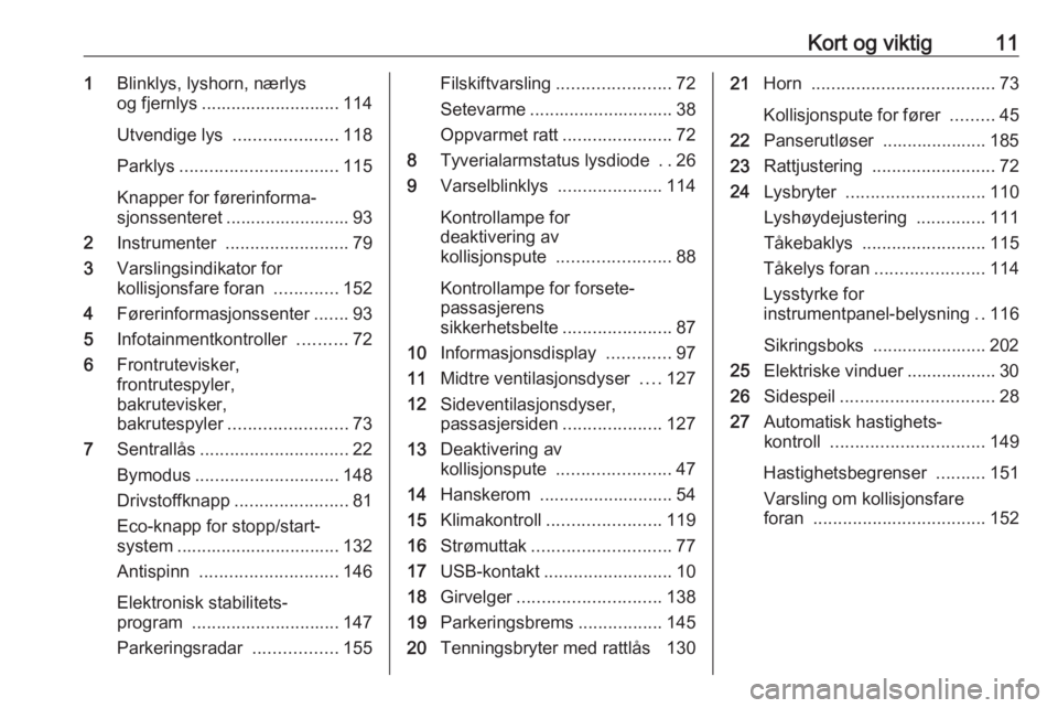 OPEL CORSA E 2018  Instruksjonsbok Kort og viktig111Blinklys, lyshorn, nærlys
og fjernlys ............................ 114
Utvendige lys  .....................118
Parklys ................................ 115
Knapper for førerinforma�
