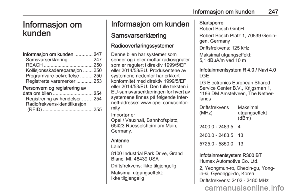 OPEL CORSA E 2018  Instruksjonsbok Informasjon om kunden247Informasjon om
kundenInformasjon om kunden .............247
Samsvarserklæring .................247
REACH .................................... 250
Kollisjonsskadereparasjon ...