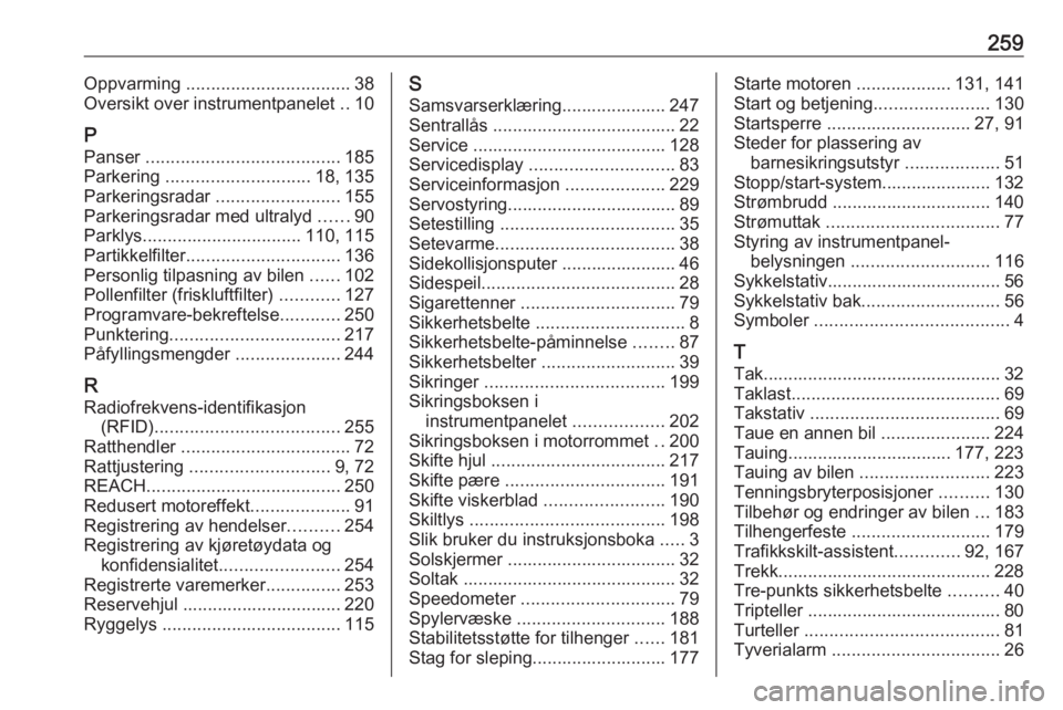 OPEL CORSA E 2018  Instruksjonsbok 259Oppvarming ................................. 38
Oversikt over instrumentpanelet  ..10
P Panser  ....................................... 185
Parkering  ............................. 18, 135
Parkerin