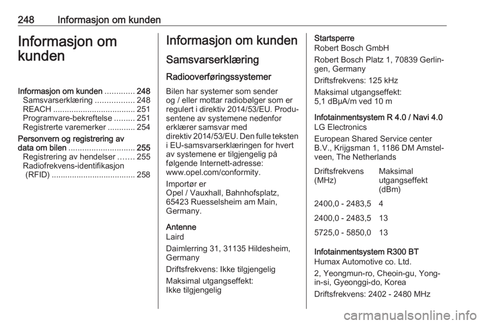 OPEL CORSA E 2018.5  Instruksjonsbok 248Informasjon om kundenInformasjon om
kundenInformasjon om kunden .............248
Samsvarserklæring .................248
REACH .................................... 251
Programvare-bekreftelse .....