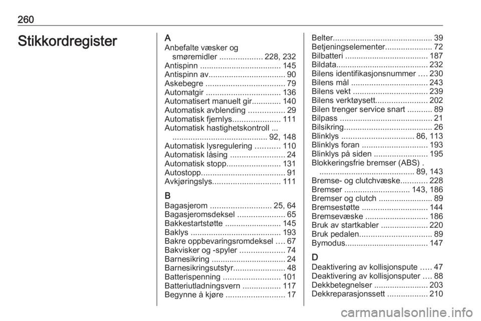 OPEL CORSA E 2018.5  Instruksjonsbok 260StikkordregisterAAnbefalte væsker og smøremidler  ...................228, 232
Antispinn  .................................... 145
Antispinn av .................................. 90
Askebegre  ...