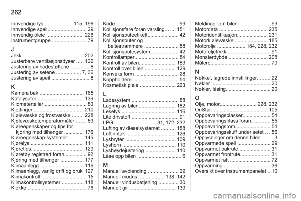 OPEL CORSA E 2018.5  Instruksjonsbok 262Innvendige lys ...................115, 196
Innvendige speil ........................... 29
Innvendig pleie  .......................... 226
Instrumentgruppe  ........................79
J Jekk ......