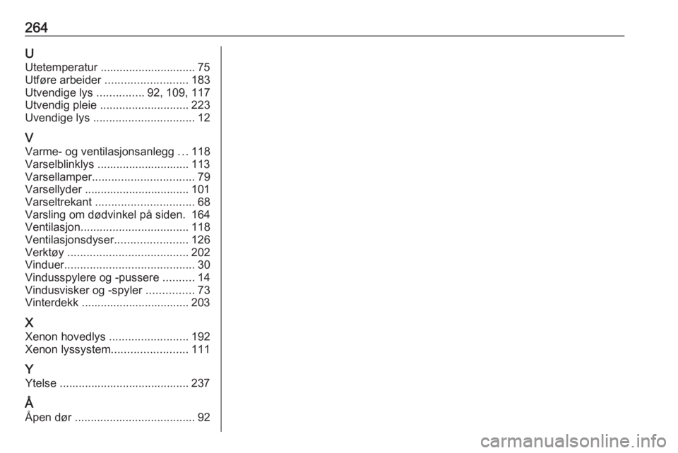 OPEL CORSA E 2018.5  Instruksjonsbok 264UUtetemperatur .............................. 75
Utføre arbeider  .......................... 183
Utvendige lys  ...............92, 109, 117
Utvendig pleie  ............................ 223
Uvendig