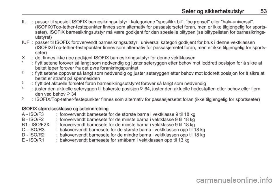 OPEL CORSA E 2018.5  Instruksjonsbok Seter og sikkerhetsutstyr53IL:passer til spesielt ISOFIX barnesikringsutstyr i kategoriene "spesifikk bil", "begrenset" eller "halv-universal".(ISOFIX/Top-tether-festepunkter f