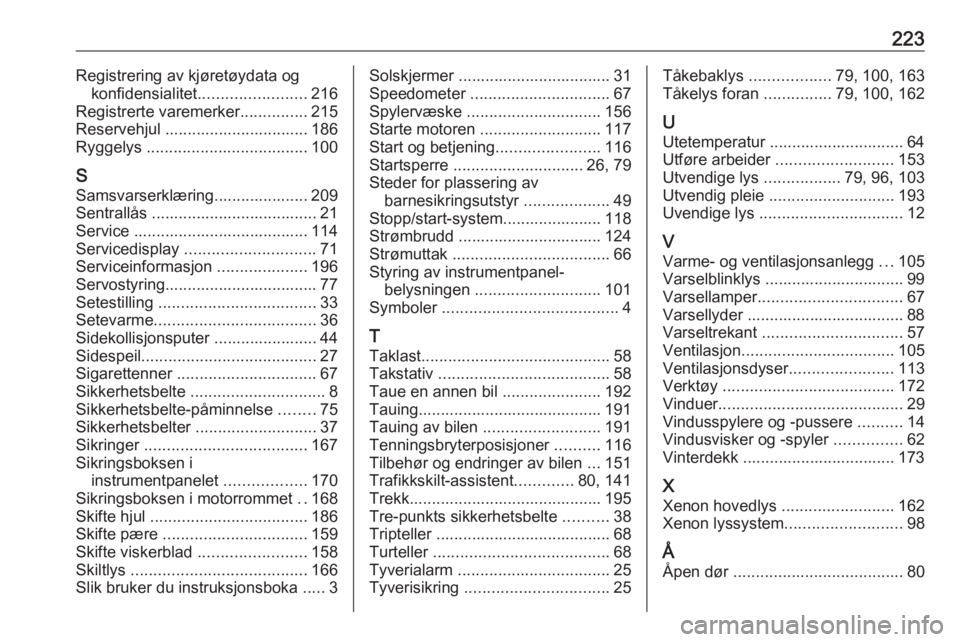 OPEL CORSA E 2019 Instruksjonsbok 223Registrering av kjøretøydata ogkonfidensialitet ........................ 216
Registrerte varemerker ...............215
Reservehjul ................................ 186
Ryggelys ................. OPEL CORSA E 2019 Instruksjonsbok 223Registrering av kjøretøydata ogkonfidensialitet ........................ 216
Registrerte varemerker ...............215
Reservehjul ................................ 186
Ryggelys .................