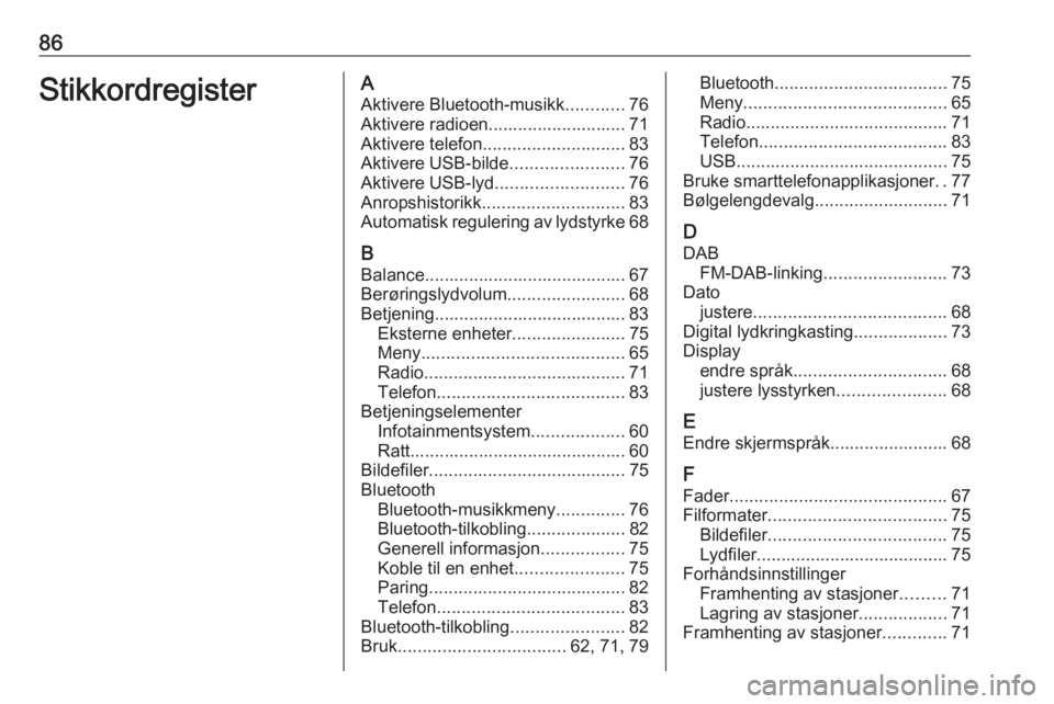 OPEL CORSA F 2020 Brukerhåndbok for infotainmentsystem 86StikkordregisterAAktivere Bluetooth-musikk ............76
Aktivere radioen............................ 71
Aktivere telefon ............................. 83
Aktivere USB-bilde ....................... OPEL CORSA F 2020 Brukerhåndbok for infotainmentsystem 86StikkordregisterAAktivere Bluetooth-musikk ............76
Aktivere radioen............................ 71
Aktivere telefon ............................. 83
Aktivere USB-bilde .......................