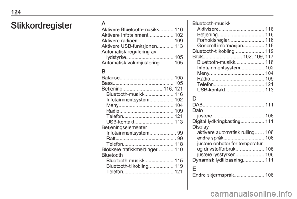 OPEL CROSSLAND X 2017.75  Brukerhåndbok for infotainmentsystem 124StikkordregisterAAktivere Bluetooth-musikk ..........116
Aktivere Infotainment ..................102
Aktivere radioen.......................... 109
Aktivere USB-funksjonen............ 113
Automatis