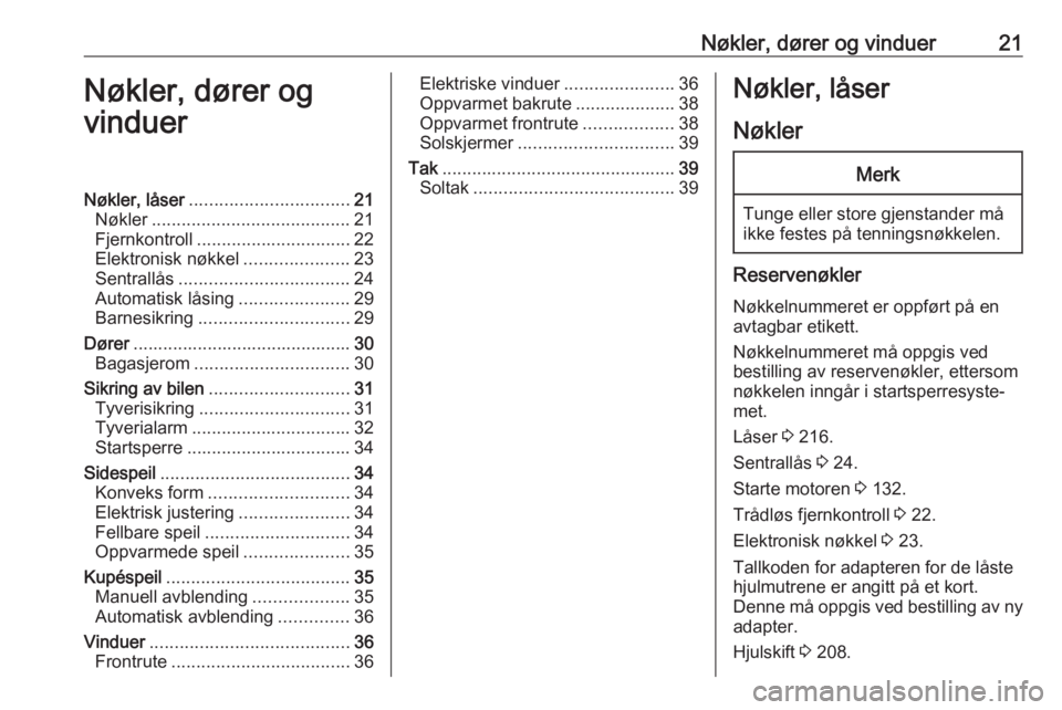 OPEL CROSSLAND X 2018  Instruksjonsbok Nøkler, dører og vinduer21Nøkler, dører og
vinduerNøkler, låser ................................ 21
Nøkler ........................................ 21
Fjernkontroll ............................