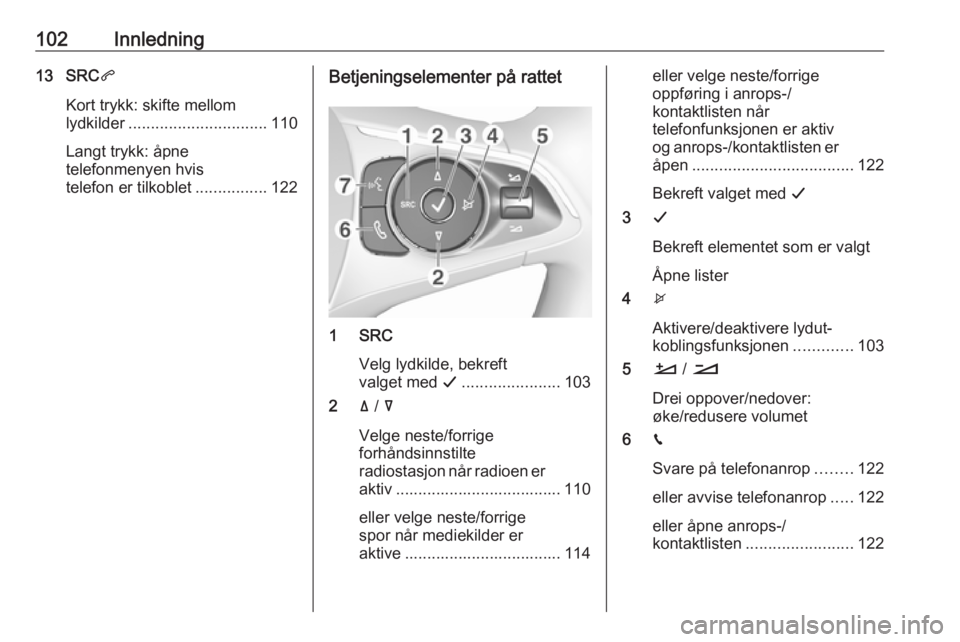 OPEL CROSSLAND X 2018.5 Brukerhåndbok for infotainmentsystem 102Innledning13 SRCq
Kort trykk: skifte mellom
lydkilder ............................... 110
Langt trykk: åpne
telefonmenyen hvis
telefon er tilkoblet ................122Betjeningselementer på ratte OPEL CROSSLAND X 2018.5 Brukerhåndbok for infotainmentsystem 102Innledning13 SRCq
Kort trykk: skifte mellom
lydkilder ............................... 110
Langt trykk: åpne
telefonmenyen hvis
telefon er tilkoblet ................122Betjeningselementer på ratte