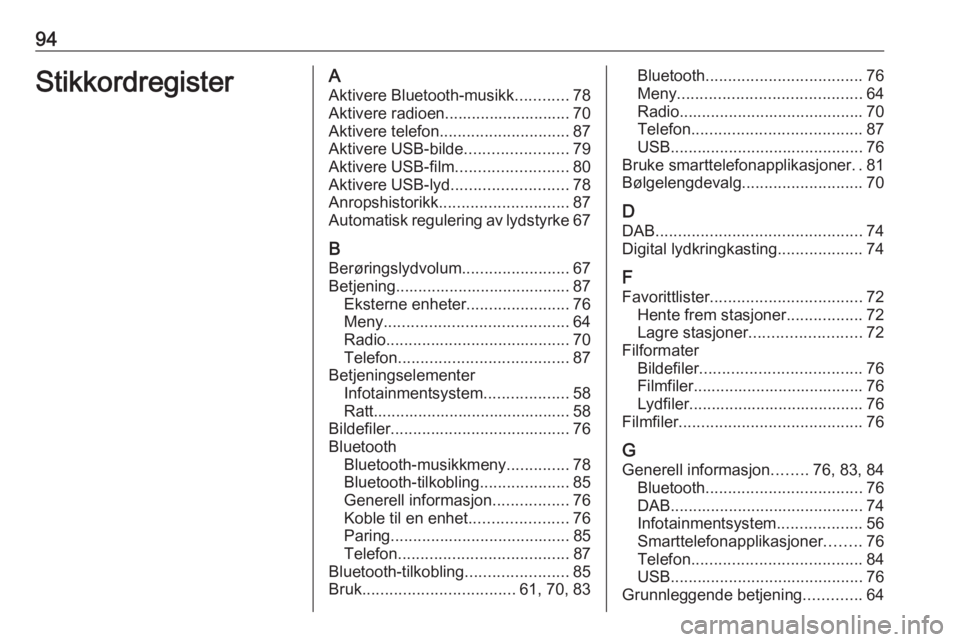 OPEL CROSSLAND X 2018.5 Brukerhåndbok for infotainmentsystem 94StikkordregisterAAktivere Bluetooth-musikk ............78
Aktivere radioen............................ 70
Aktivere telefon ............................. 87
Aktivere USB-bilde ....................... OPEL CROSSLAND X 2018.5 Brukerhåndbok for infotainmentsystem 94StikkordregisterAAktivere Bluetooth-musikk ............78
Aktivere radioen............................ 70
Aktivere telefon ............................. 87
Aktivere USB-bilde .......................