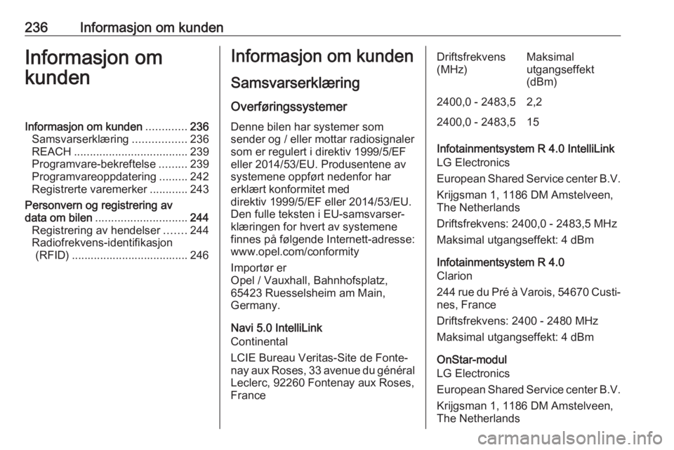 OPEL CROSSLAND X 2018.5  Instruksjonsbok 236Informasjon om kundenInformasjon om
kundenInformasjon om kunden .............236
Samsvarserklæring .................236
REACH .................................... 239
Programvare-bekreftelse .....