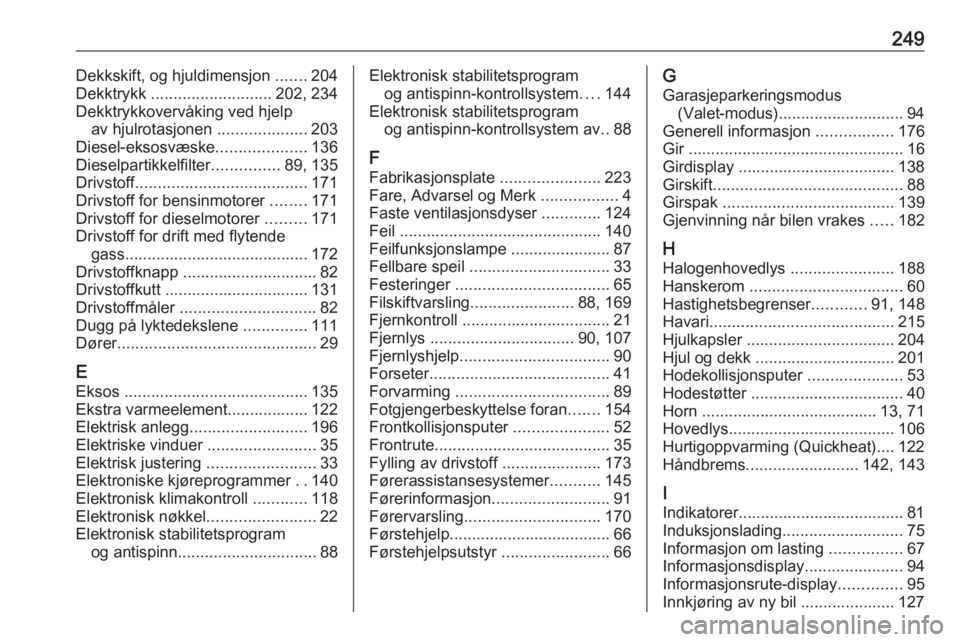 OPEL CROSSLAND X 2018.5  Instruksjonsbok 249Dekkskift, og hjuldimensjon .......204
Dekktrykk  ........................... 202, 234
Dekktrykkovervåking ved hjelp av hjulrotasjonen  ....................203
Diesel-eksosvæske .................
