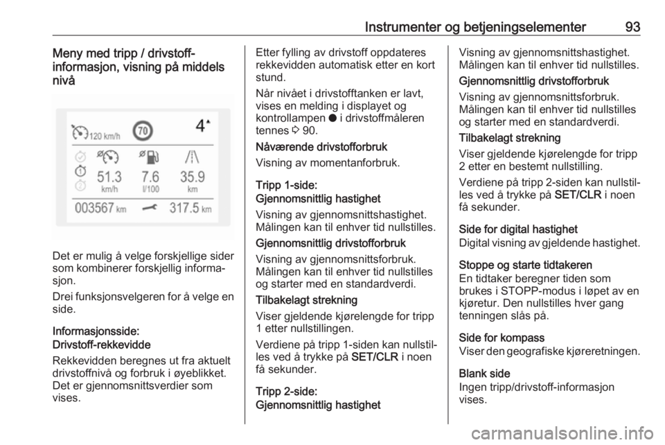 OPEL CROSSLAND X 2018.5  Instruksjonsbok Instrumenter og betjeningselementer93Meny med tripp / drivstoff-
informasjon, visning på middels
nivå
Det er mulig å velge forskjellige sider
som kombinerer forskjellig informa‐ sjon.
Drei funksj
