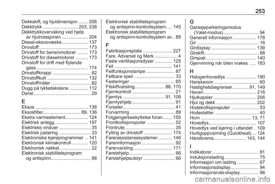 OPEL CROSSLAND X 2019  Instruksjonsbok 253Dekkskift, og hjuldimensjon .......206
Dekktrykk  ........................... 203, 238
Dekktrykkovervåking ved hjelp av hjulrotasjonen  ....................204
Diesel-eksosvæske .................