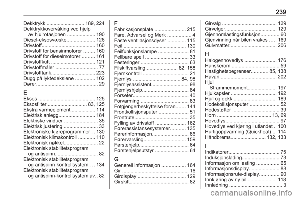 OPEL CROSSLAND X 2019.75  Instruksjonsbok 239Dekktrykk ........................... 189, 224
Dekktrykkovervåking ved hjelp av hjulrotasjonen  ....................190
Diesel-eksosvæske ....................126
Drivstoff .......................