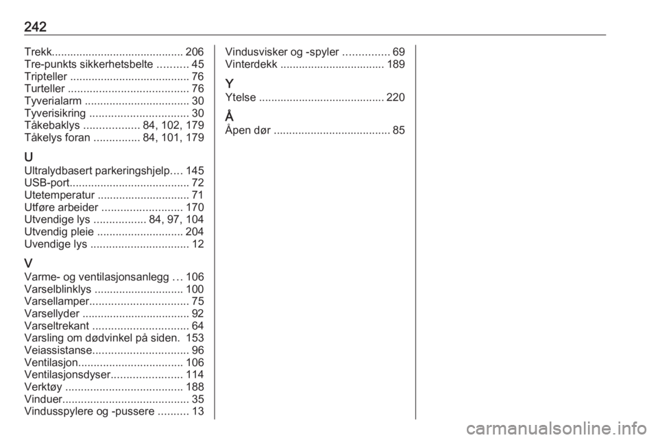 OPEL CROSSLAND X 2019.75  Instruksjonsbok 242Trekk........................................... 206
Tre-punkts sikkerhetsbelte  ..........45
Tripteller ....................................... 76
Turteller  ......................................