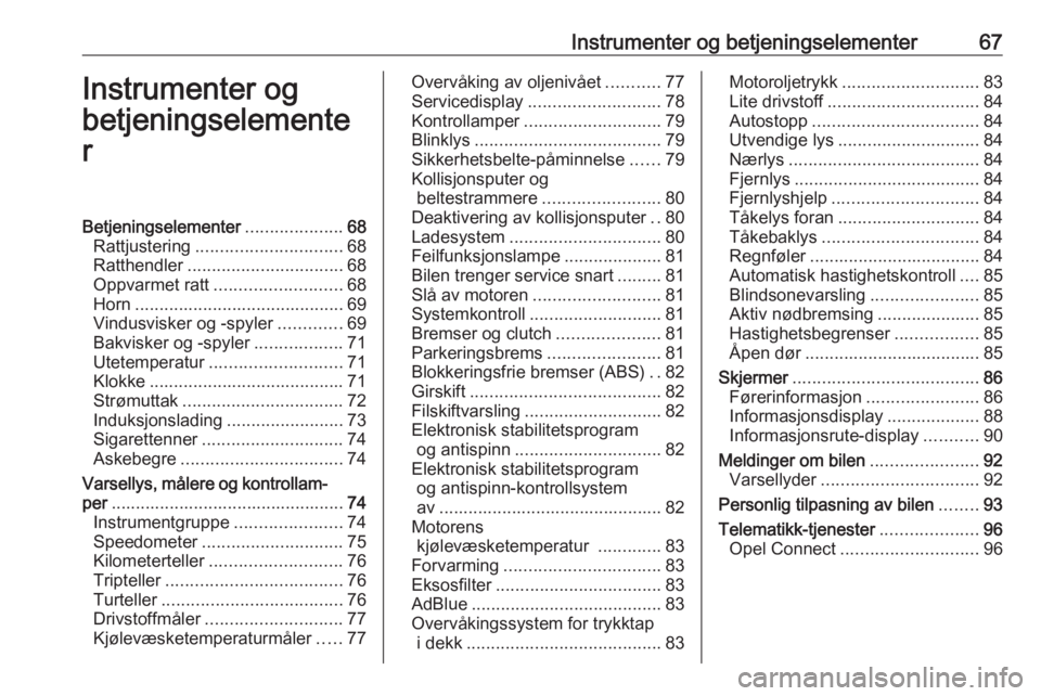 OPEL CROSSLAND X 2019.75  Instruksjonsbok Instrumenter og betjeningselementer67Instrumenter og
betjeningselemente
rBetjeningselementer ....................68
Rattjustering .............................. 68
Ratthendler ........................