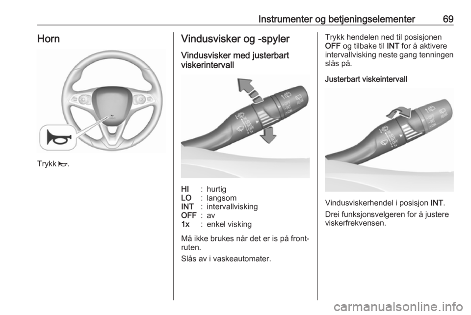 OPEL CROSSLAND X 2019.75  Instruksjonsbok Instrumenter og betjeningselementer69Horn
Trykk j.
Vindusvisker og -spyler
Vindusvisker med justerbart
viskerintervallHI:hurtigLO:langsomINT:intervallviskingOFF:av1x:enkel visking
Må ikke brukes når