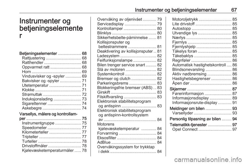 OPEL CROSSLAND X 2020  Instruksjonsbok Instrumenter og betjeningselementer67Instrumenter og
betjeningselemente
rBetjeningselementer ....................68
Rattjustering .............................. 68
Ratthendler ........................