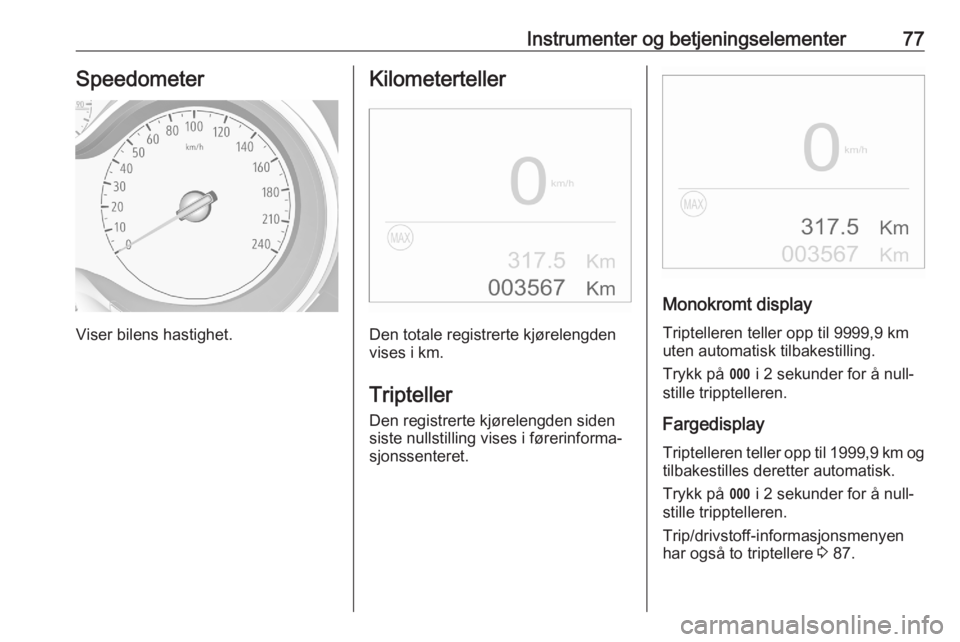 OPEL CROSSLAND X 2020  Instruksjonsbok Instrumenter og betjeningselementer77Speedometer
Viser bilens hastighet.
Kilometerteller
Den totale registrerte kjørelengden
vises i km.
Tripteller
Den registrerte kjørelengden siden
siste nullstill