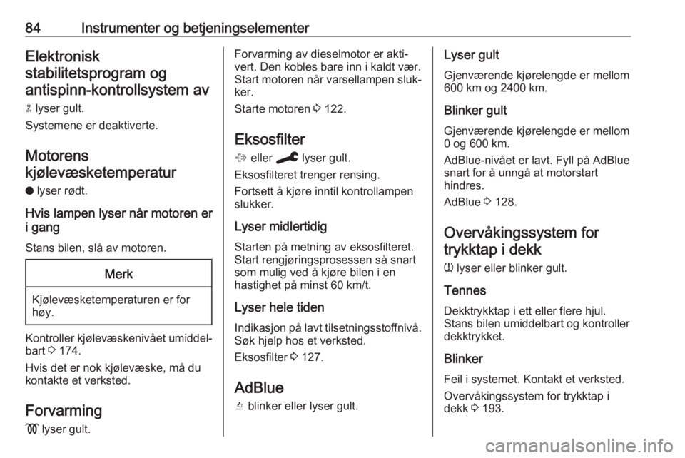 OPEL CROSSLAND X 2020  Instruksjonsbok 84Instrumenter og betjeningselementerElektronisk
stabilitetsprogram og antispinn-kontrollsystem av
n  lyser gult.
Systemene er deaktiverte.
Motorens
kjølevæsketemperatur 
o  lyser rødt.
Hvis lampen
