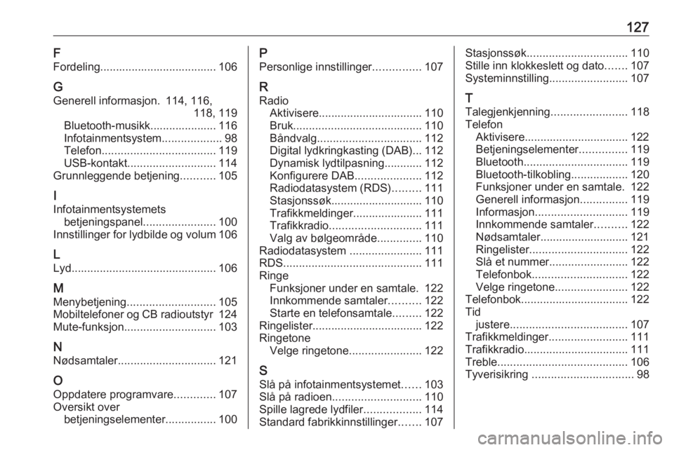 OPEL GRANDLAND X 2018.5  Brukerhåndbok for infotainmentsystem 127F
Fordeling..................................... 106
G Generell informasjon. 114, 116, 118, 119
Bluetooth-musikk..................... 116
Infotainmentsystem ...................98
Telefon ..........