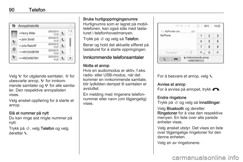 OPEL GRANDLAND X 2018.5  Brukerhåndbok for infotainmentsystem 90Telefon
Velg q for utgående samtaler,  r for
ubesvarte anrop,  s for innkom‐
mende samtaler og  p for alle samta‐
ler. Den respektive anropslisten
vises.
Velg ønsket oppføring for å starte e