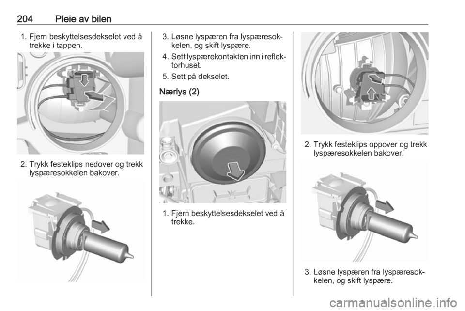 OPEL GRANDLAND X 2018.5  Instruksjonsbok 204Pleie av bilen1. Fjern beskyttelsesdekselet ved åtrekke i tappen.
2. Trykk festeklips nedover og trekk lyspæresokkelen bakover.
3. Løsne lyspæren fra lyspæresok‐kelen, og skift lyspære.
4. 