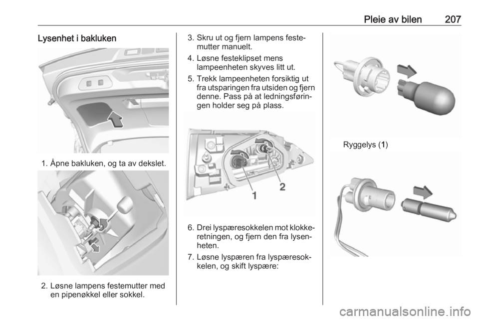 OPEL GRANDLAND X 2018.5  Instruksjonsbok Pleie av bilen207Lysenhet i bakluken
1. Åpne bakluken, og ta av dekslet.
2. Løsne lampens festemutter meden pipenøkkel eller sokkel.
3. Skru ut og fjern lampens feste‐mutter manuelt.
4. Løsne fe