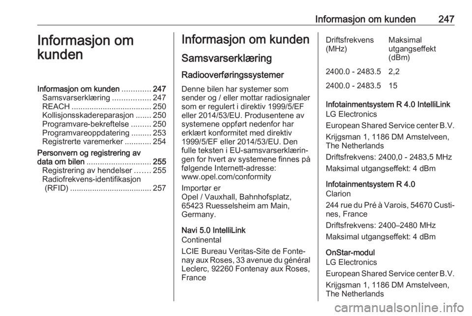 OPEL GRANDLAND X 2018.5  Instruksjonsbok Informasjon om kunden247Informasjon om
kundenInformasjon om kunden .............247
Samsvarserklæring .................247
REACH .................................... 250
Kollisjonsskadereparasjon ...