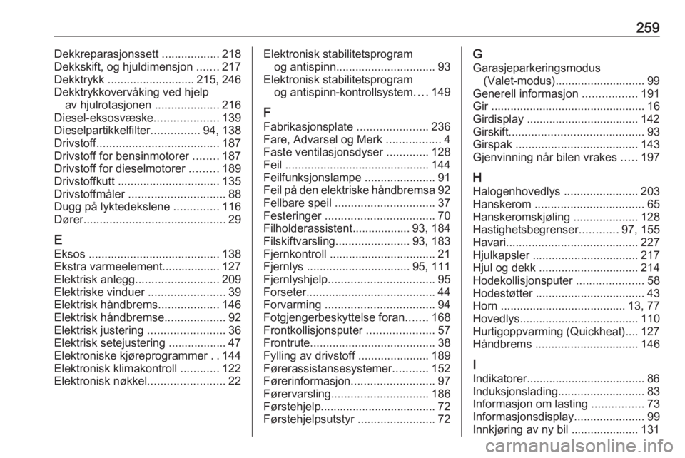 OPEL GRANDLAND X 2018.5  Instruksjonsbok 259Dekkreparasjonssett ..................218
Dekkskift, og hjuldimensjon  .......217
Dekktrykk  ........................... 215, 246
Dekktrykkovervåking ved hjelp av hjulrotasjonen  .................