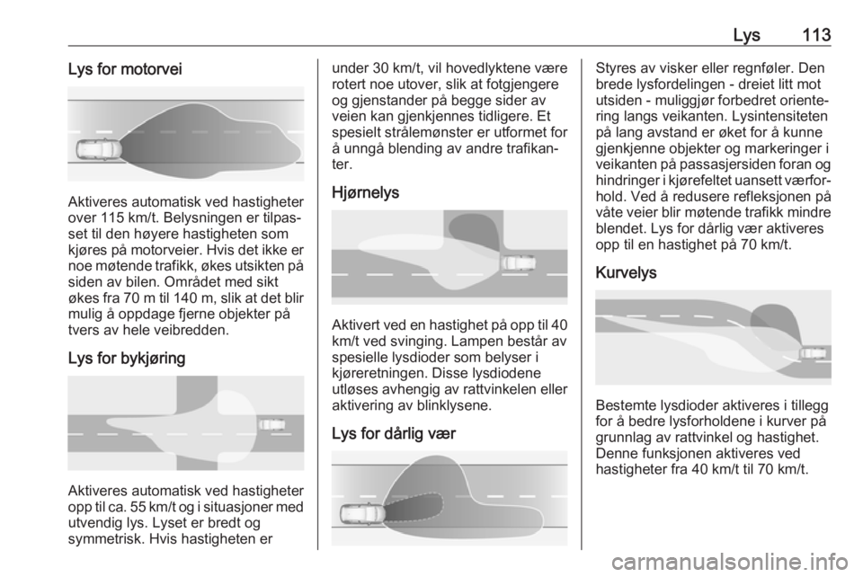 OPEL GRANDLAND X 2018.75  Instruksjonsbok Lys113Lys for motorvei
Aktiveres automatisk ved hastigheter
over 115 km/t. Belysningen er tilpas‐
set til den høyere hastigheten som
kjøres på motorveier. Hvis det ikke er noe møtende trafikk, �