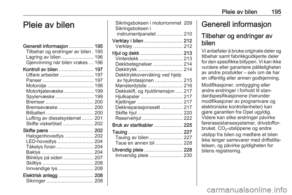 OPEL GRANDLAND X 2018.75  Instruksjonsbok Pleie av bilen195Pleie av bilenGenerell informasjon..................195
Tilbehør og endringer av bilen . 195
Lagring av bilen .......................196
Gjenvinning når bilen vrakes ...196
Kontroll