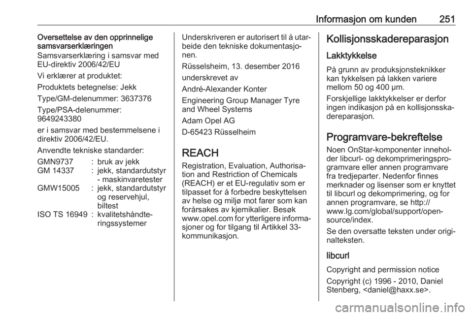 OPEL GRANDLAND X 2018.75  Instruksjonsbok Informasjon om kunden251Oversettelse av den opprinnelige
samsvarserklæringen
Samsvarserklæring i samsvar med
EU-direktiv 2006/42/EU
Vi erklærer at produktet:
Produktets betegnelse: Jekk
Type/GM-del