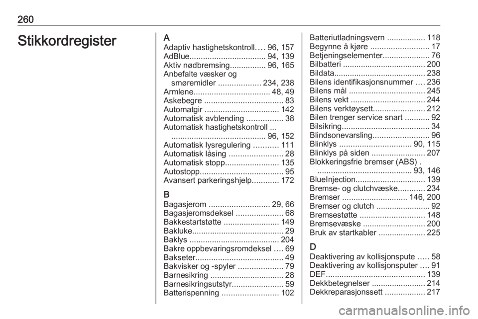 OPEL GRANDLAND X 2018.75  Instruksjonsbok 260StikkordregisterAAdaptiv hastighetskontroll ....96, 157
AdBlue .................................. 94, 139
Aktiv nødbremsing ................96, 165
Anbefalte væsker og smøremidler  .............