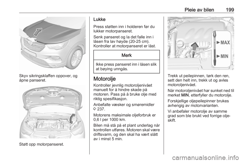 OPEL GRANDLAND X 2019 Instruksjonsbok Pleie av bilen199
Skyv sikringsklaffen oppover, og
åpne panseret.
Støtt opp motorpanseret.
Lukke
Press støtten inn i holderen før du
lukker motorpanseret.
Senk panseret og la det falle inn i
låse OPEL GRANDLAND X 2019 Instruksjonsbok Pleie av bilen199
Skyv sikringsklaffen oppover, og
åpne panseret.
Støtt opp motorpanseret.
Lukke
Press støtten inn i holderen før du
lukker motorpanseret.
Senk panseret og la det falle inn i
låse