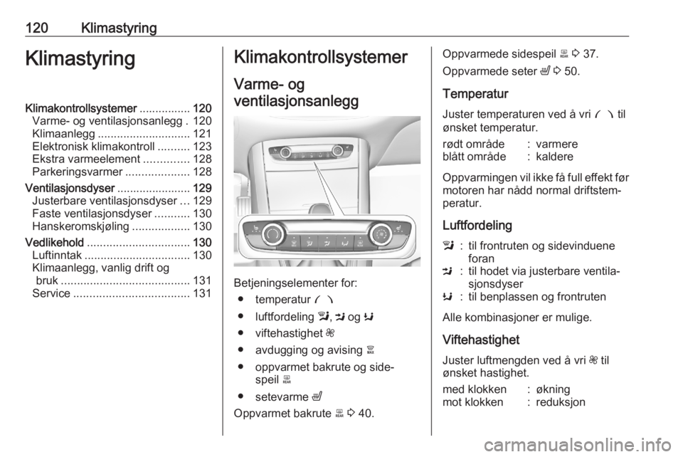 OPEL GRANDLAND X 2020  Instruksjonsbok 120KlimastyringKlimastyringKlimakontrollsystemer................120
Varme- og ventilasjonsanlegg . 120
Klimaanlegg ............................. 121
Elektronisk klimakontroll ..........123
Ekstra varm