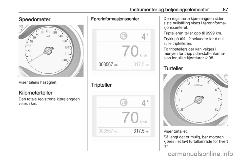 OPEL GRANDLAND X 2020  Instruksjonsbok Instrumenter og betjeningselementer87Speedometer
Viser bilens hastighet.
Kilometerteller Den totale registrerte kjørelengden
vises i km.
Førerinformasjonssenter
Tripteller
Den registrerte kjøreleng
