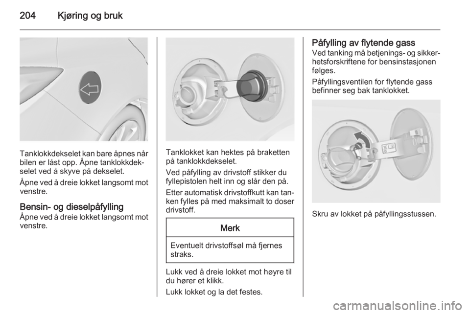 OPEL INSIGNIA 2014.5  Instruksjonsbok 204Kjøring og bruk
Tanklokkdekselet kan bare åpnes når
bilen er låst opp. Åpne tanklokkdek‐
selet ved å skyve på dekselet.
Åpne ved å dreie lokket langsomt mot venstre.
Bensin- og dieselpå