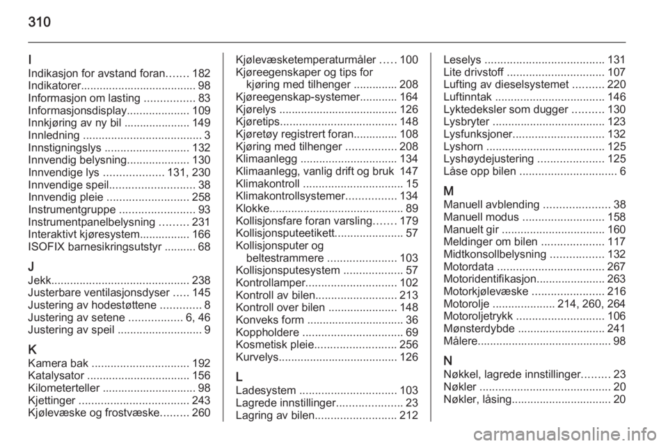 OPEL INSIGNIA 2014.5  Instruksjonsbok 310
I
Indikasjon for avstand foran .......182
Indikatorer..................................... 98 Informasjon om lasting  ................83
Informasjonsdisplay ....................109
Innkjøring av 