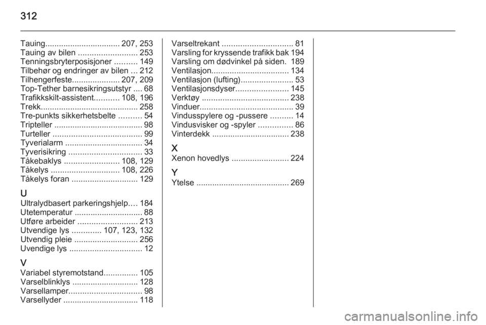 OPEL INSIGNIA 2014.5  Instruksjonsbok 312
Tauing................................. 207, 253
Tauing av bilen  .......................... 253
Tenningsbryterposisjoner  ..........149
Tilbehør og endringer av bilen  ...212
Tilhengerfeste ....