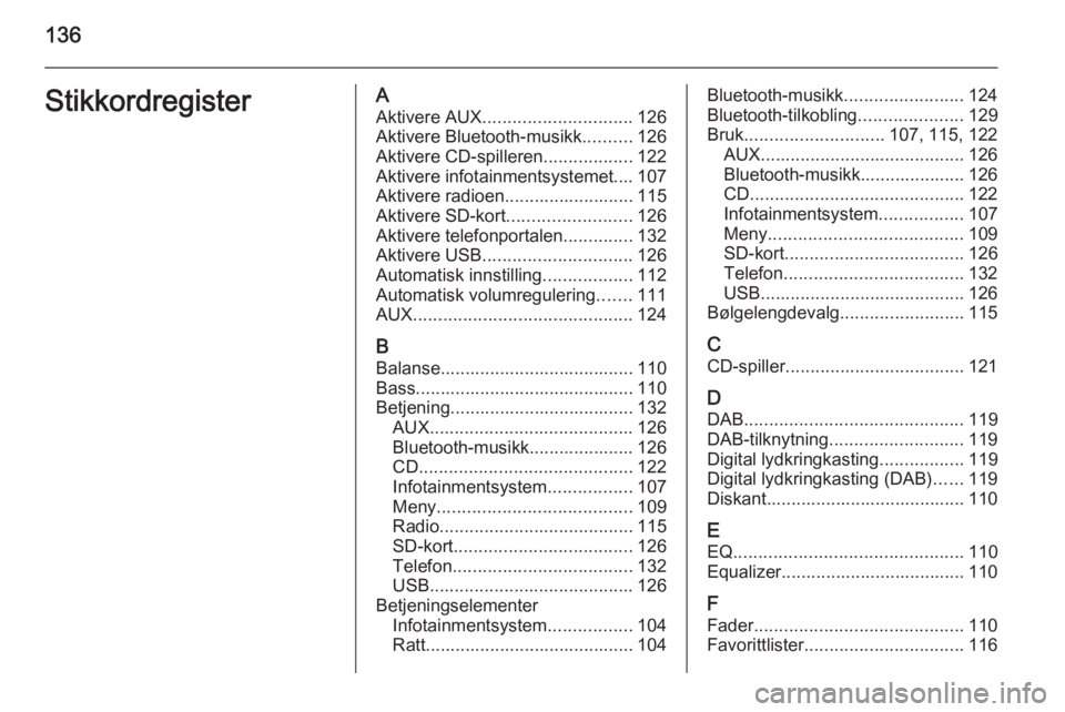 OPEL INSIGNIA 2015  Brukerhåndbok for infotainmentsystem 136StikkordregisterAAktivere AUX .............................. 126
Aktivere Bluetooth-musikk ..........126
Aktivere CD-spilleren ..................122
Aktivere infotainmentsystemet.... 107
Aktivere r