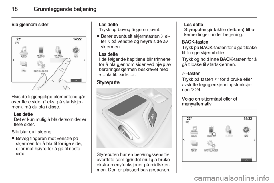 OPEL INSIGNIA 2015  Brukerhåndbok for infotainmentsystem 18Grunnleggende betjening
Bla gjennom sider
Hvis de tilgjengelige elementene går
over flere sider (f.eks. på startskjer‐
men), må du bla i disse.
Les dette
Det er kun mulig å bla dersom der er f