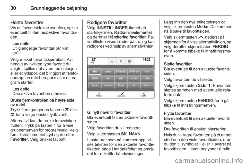 OPEL INSIGNIA 2015  Brukerhåndbok for infotainmentsystem 30Grunnleggende betjening
Hente favoritterVis en favorittside (se ovenfor), og bla
eventuelt til den respektive favorittsi‐ den.
Les dette
Utilgjengelige favoritter blir vist i
grått.
Velg ønsket 