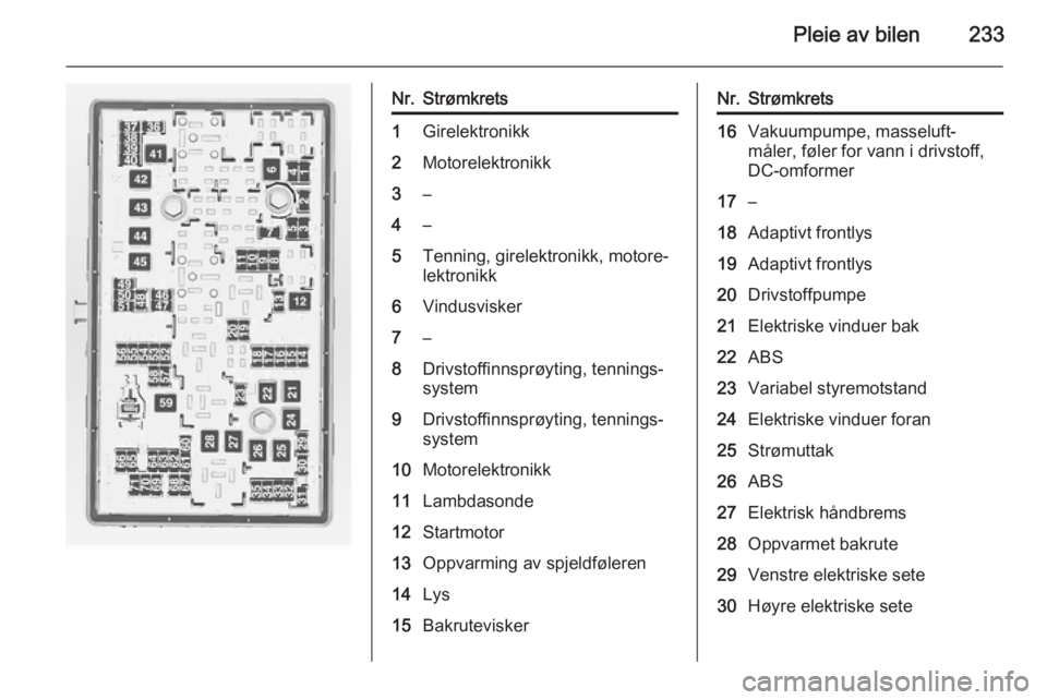 OPEL INSIGNIA 2015  Instruksjonsbok Pleie av bilen233
Nr.Strømkrets1Girelektronikk2Motorelektronikk3–4–5Tenning, girelektronikk, motore‐
lektronikk6Vindusvisker7–8Drivstoffinnsprøyting, tennings‐
system9Drivstoffinnsprøytin