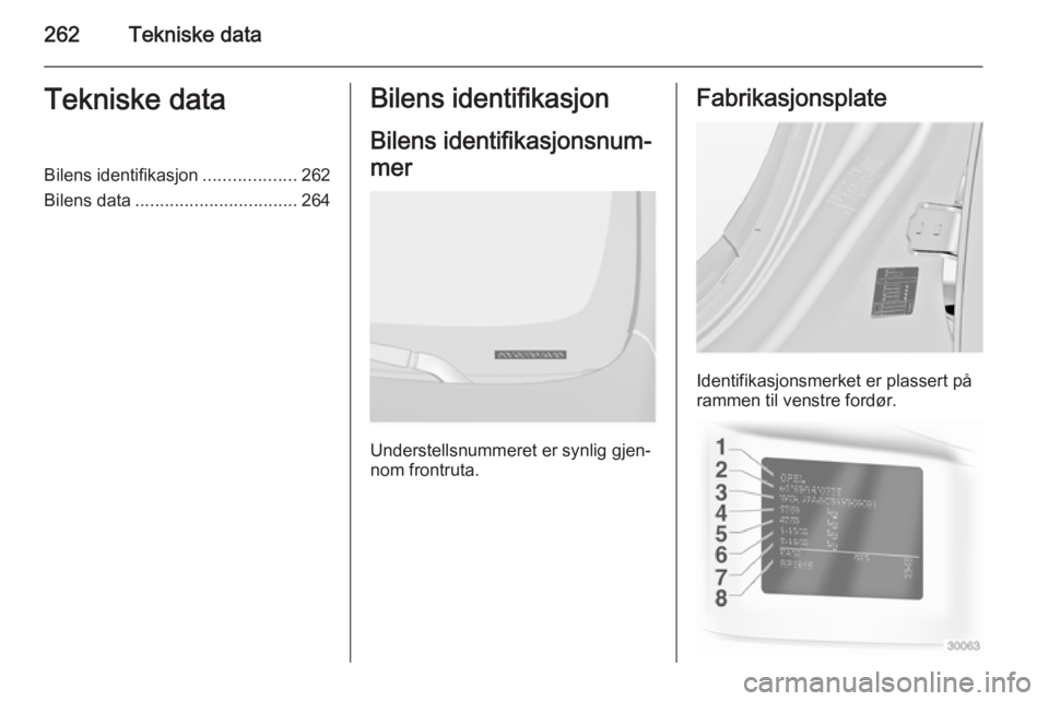 OPEL INSIGNIA 2015 Instruksjonsbok 262Tekniske dataTekniske dataBilens identifikasjon...................262
Bilens data ................................. 264Bilens identifikasjon
Bilens identifikasjonsnum‐
mer
Understellsnummeret er OPEL INSIGNIA 2015 Instruksjonsbok 262Tekniske dataTekniske dataBilens identifikasjon...................262
Bilens data ................................. 264Bilens identifikasjon
Bilens identifikasjonsnum‐
mer
Understellsnummeret er
